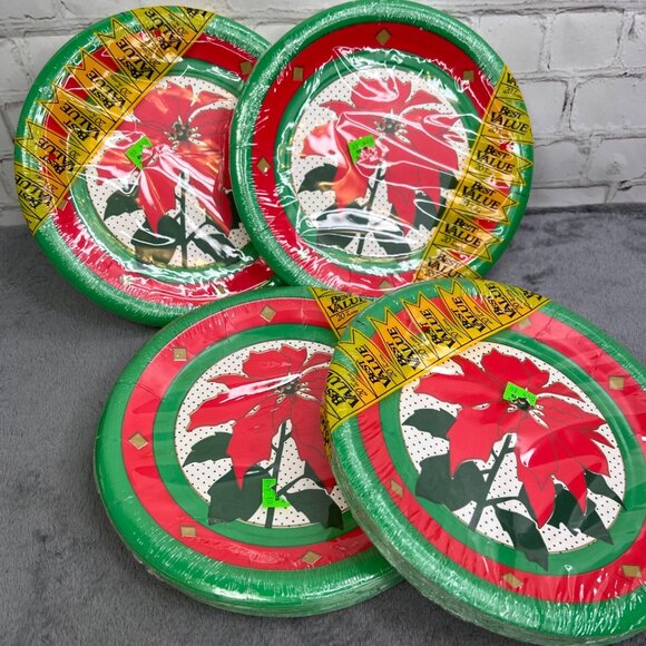 Vintage Christmas Plates Napkin Party Lot 230 pc Poinsettia Coated Red Green NIP - Picture 11 of 11